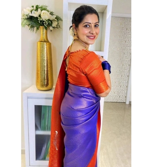 Generic Women's Soft Lichi Silk Printed Saree With Unstitched Blouse 5.5Mtr (Blue)