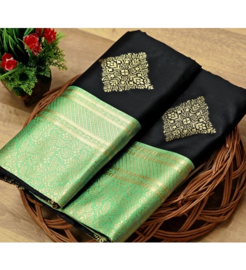 Generic Women's Soft Litchi Silk Jacquard Work Saree With Unstitched Blouse 5.5Mtr (Black)