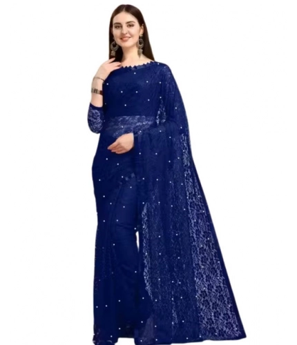 Generic Women's Net Self Design Saree With Unstitched Blouse 5.5Mtr (Navy Blue)