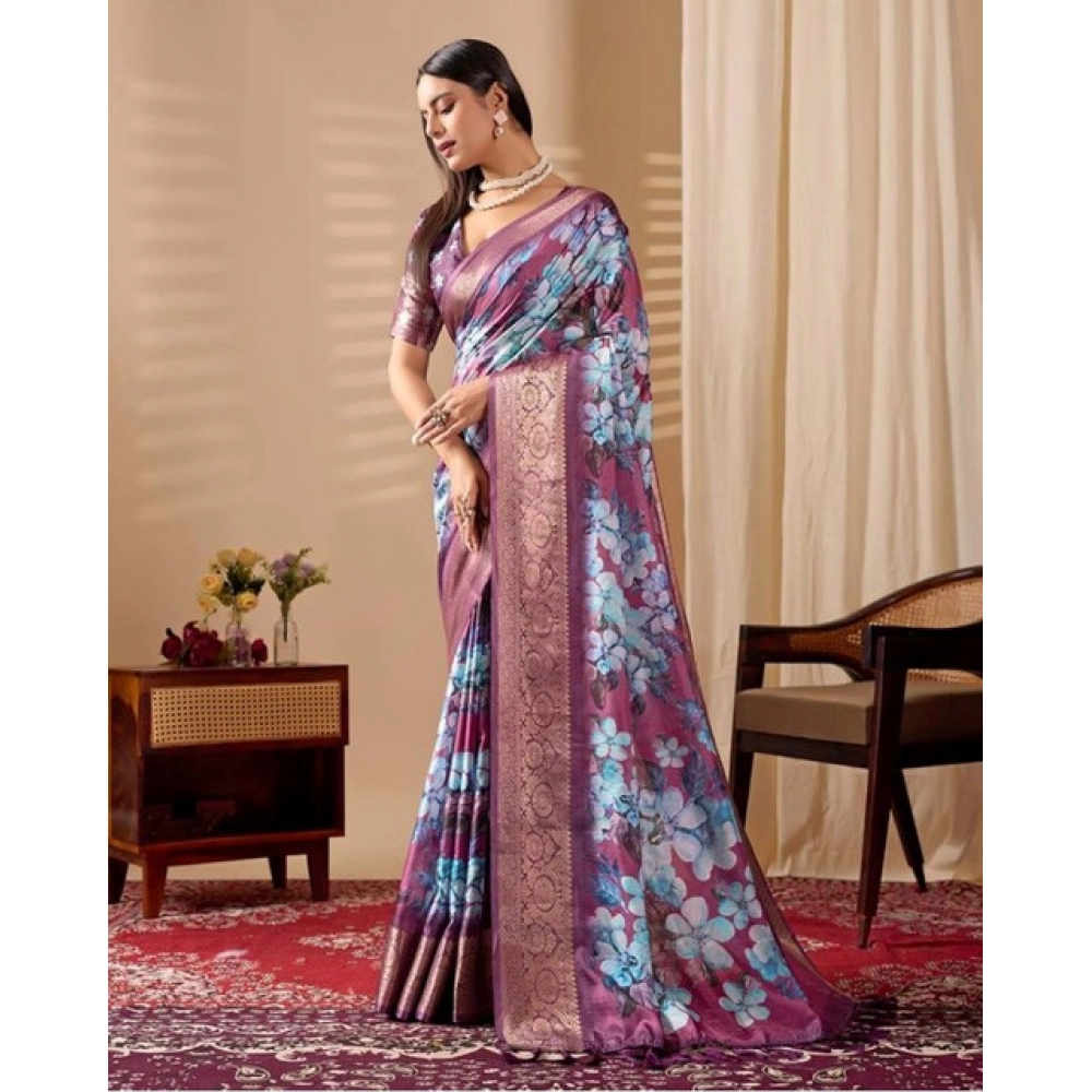 Generic Women's Faux_Silk Printed Saree With Unstitched Blouse 5.5Mtr (Blue)
