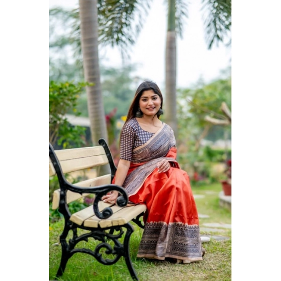 Generic Women's Faux_Tussar Geometric_Print Saree With Unstitched Blouse 5.5Mtr (Orange) Generic Women's Faux_Tussar Geometric_Print Saree With Unstitched Blouse 5.5Mtr (Orange)
