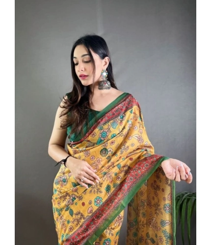 Generic Women's Linen Printed Saree With Unstitched Blouse 5.5Mtr (Yellow)