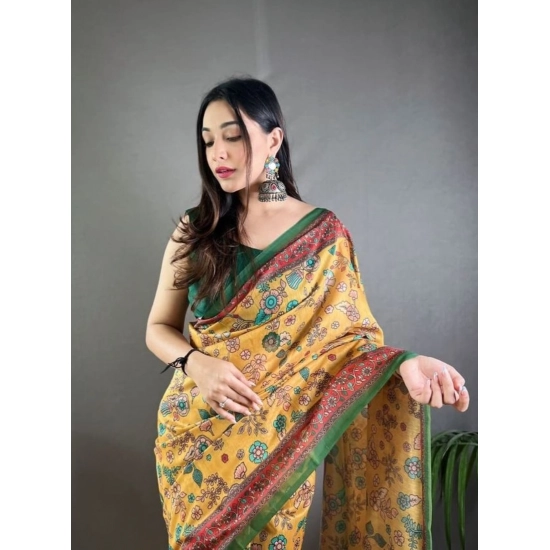 Generic Women's Linen Printed Saree With Unstitched Blouse 5.5Mtr (Yellow)