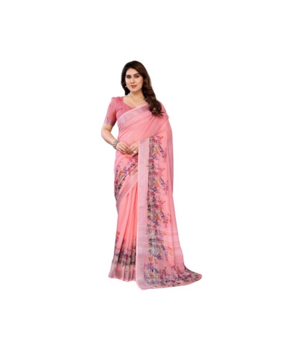 Generic Women's Linen Cotton  Printed Saree With Unstitched Blouse 5.5Mtr (Peach)