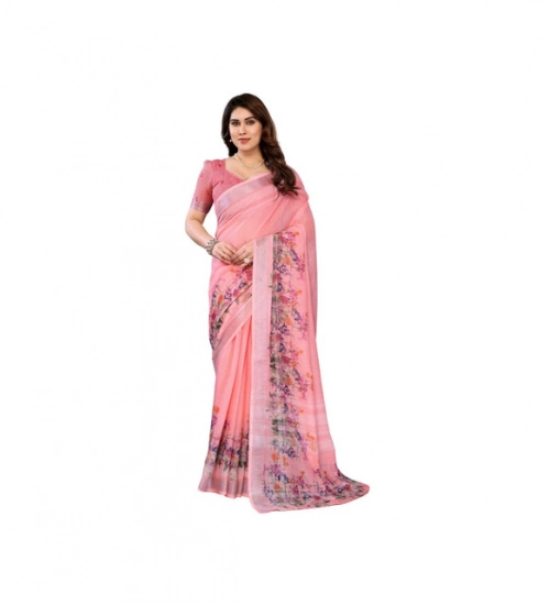 Generic Women's Linen Cotton  Printed Saree With Unstitched Blouse 5.5Mtr (Peach)