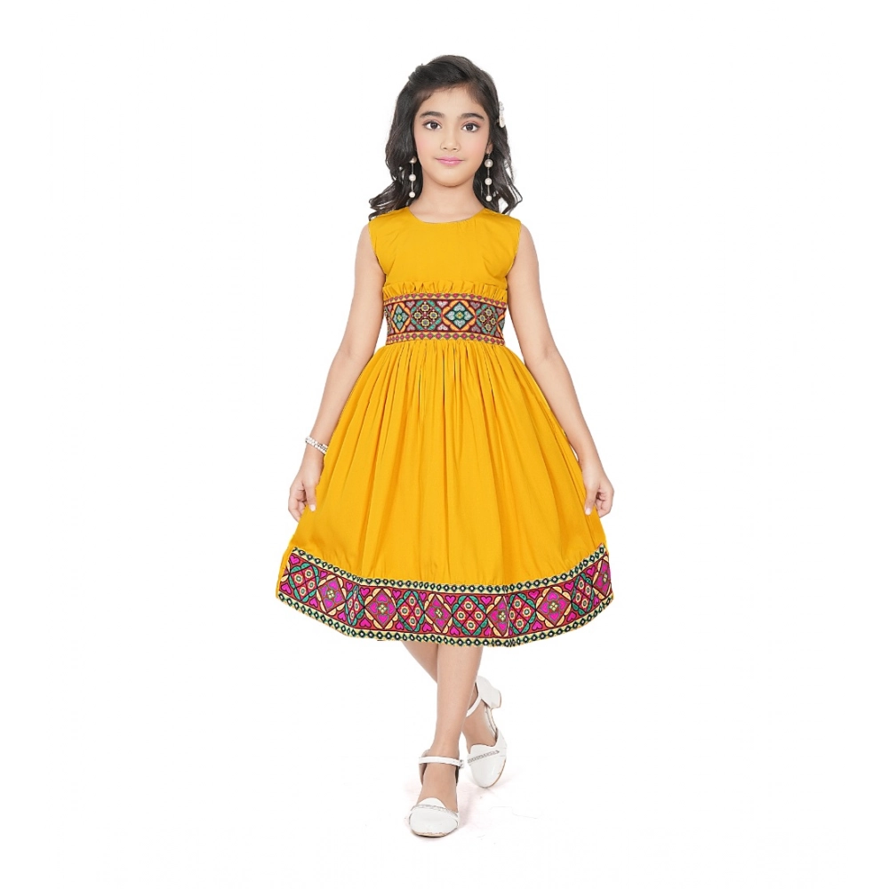 Generic Girl's Shiffon Printed Sleeve Less Round Neck Dress (Mustard Yellow) Generic Girl's Shiffon Printed Sleeve Less Round Neck Dress (Mustard Yellow)