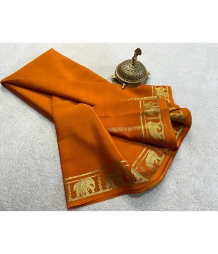 Generic Women's Crepe Chit Pallu Solid Saree With Unstitched Blouse 5.5Mtr (Orange)