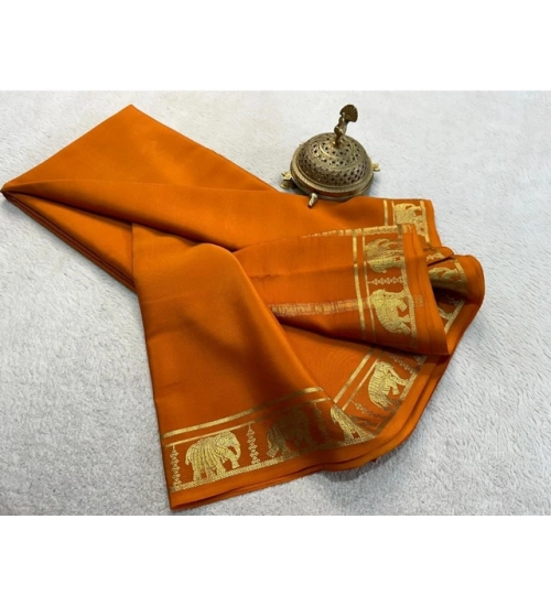 Generic Women's Crepe Chit Pallu Solid Saree With Unstitched Blouse 5.5Mtr (Orange)