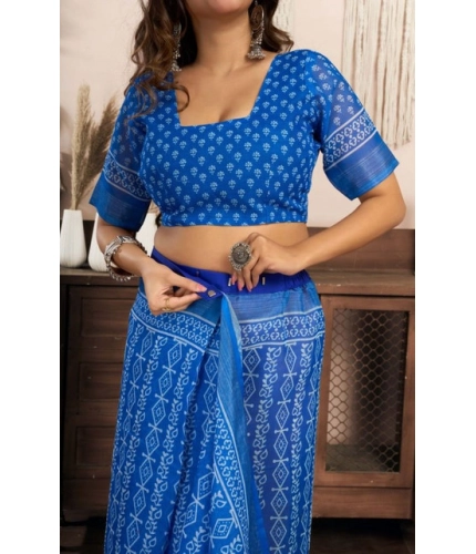Generic Women's Faux Linen Geometric Print Ready to wear Saree With Unstitched Blouse 5.5Mtr (Blue)