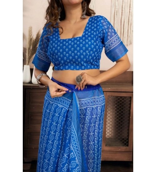 Generic Women's Faux Linen Geometric Print Ready to wear Saree With Unstitched Blouse 5.5Mtr (Blue)