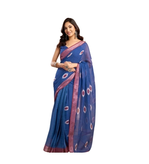 Generic Women's Linen Cotton Printed Ready To Wear Saree With Unstitched Blouse 5.5 Mtr (Blue)