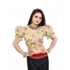 Generic Women's Organza Printed V Neck Puff Sleeve Readymade Blouse (Beige 38 , Alterable up to 42)-PID65861