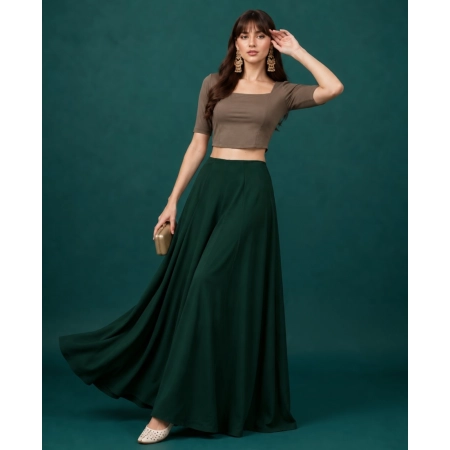 Generic Women's Georgette Solid Mid-Rise Wide Leg Flared Palazzo Pants with Elastic Waist (Green)