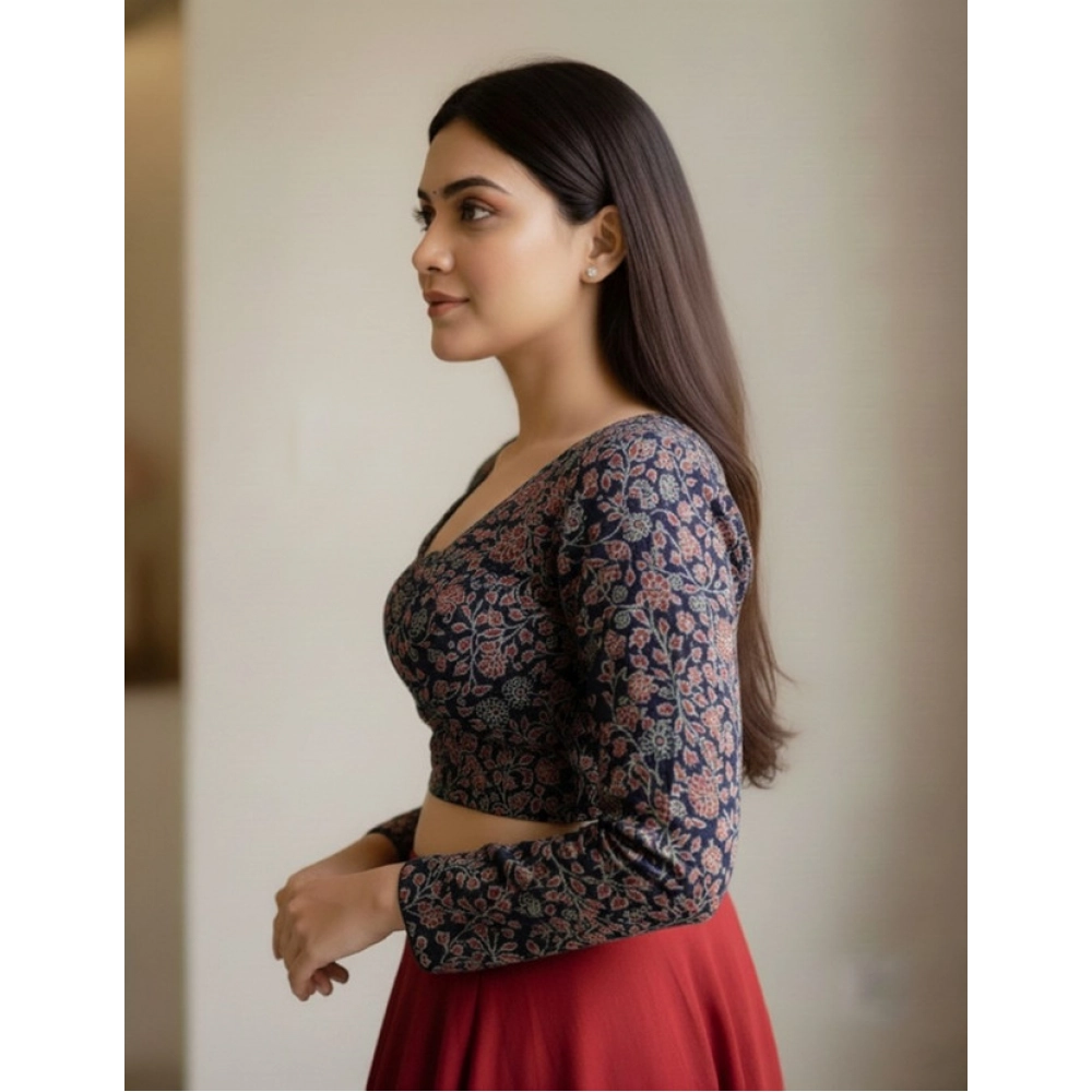 Generic Women's Ajrakh Cotton Printed V-Neck Padded Blouse (Navy 38 Ready (Self Alterable 36–40)