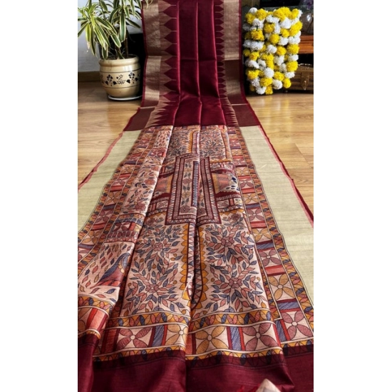 Generic Women's Tussar Silk Madhubani Saree With Unstitched Blouse 5.5Mtr (Maroon)