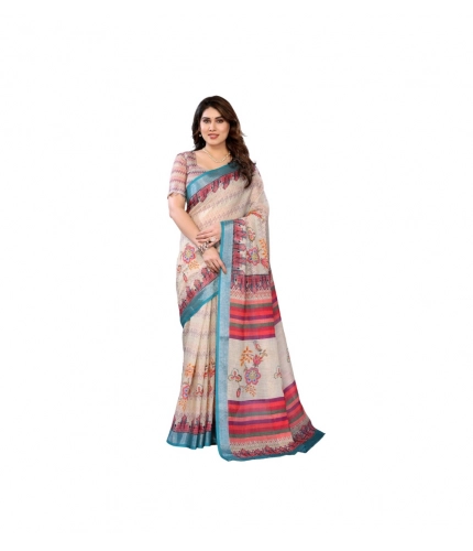 Generic Women's Linen Cotton  Printed Saree With Unstitched Blouse 5.5Mtr (Cream)