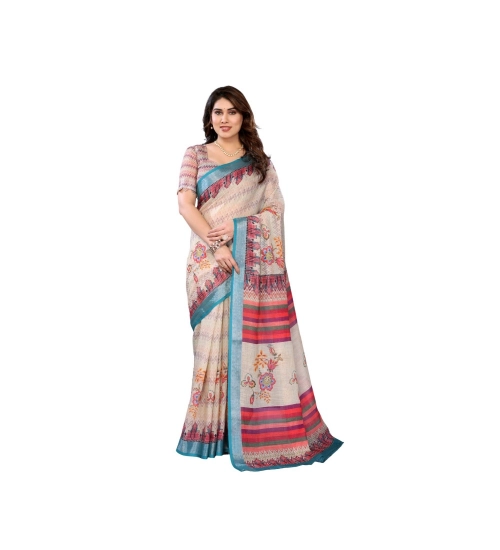 Generic Women's Linen Cotton  Printed Saree With Unstitched Blouse 5.5Mtr (Cream)