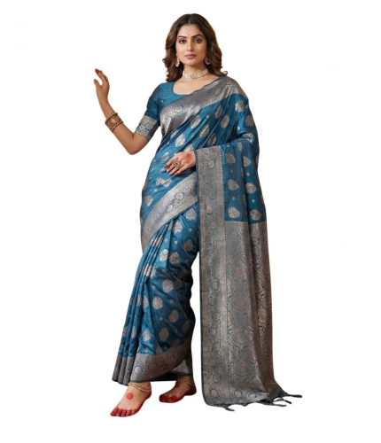 Generic Women's Silk Blend Printed Saree With Unstitched Blouse 5.5Mtr (Teal Blue)