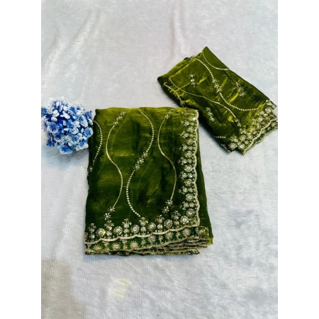 Generic Women's Slik Embellished Saree With Unstitched Blouse 5.5Mtr (Mehendi-Green)