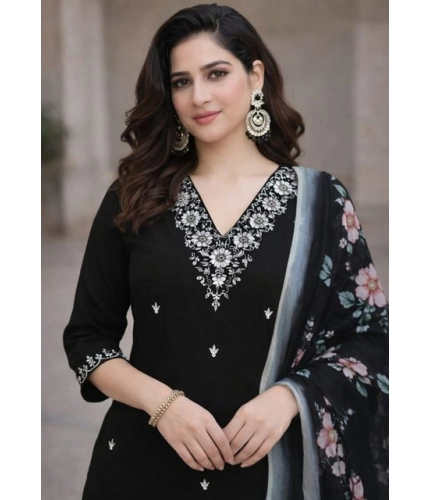 Generic Women's Chanderi Silk Ethnic Motif V-Neck 3/4th Sleeve Kurti With Pant Dupatta Set (Black)