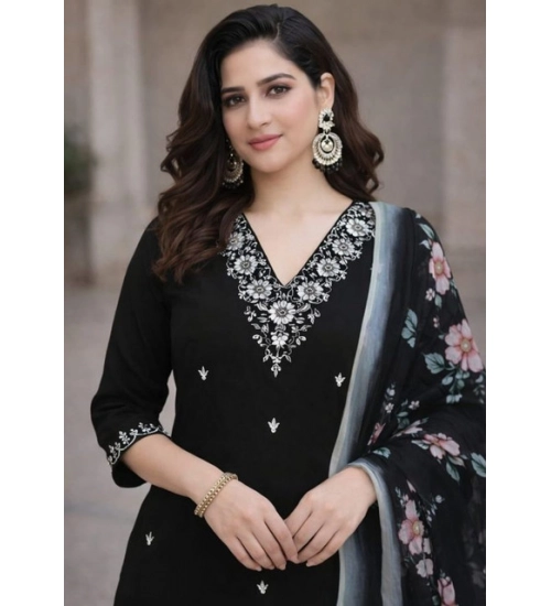 Generic Women's Chanderi Silk Ethnic Motif V-Neck 3/4th Sleeve Kurti With Pant Dupatta Set (Black)
