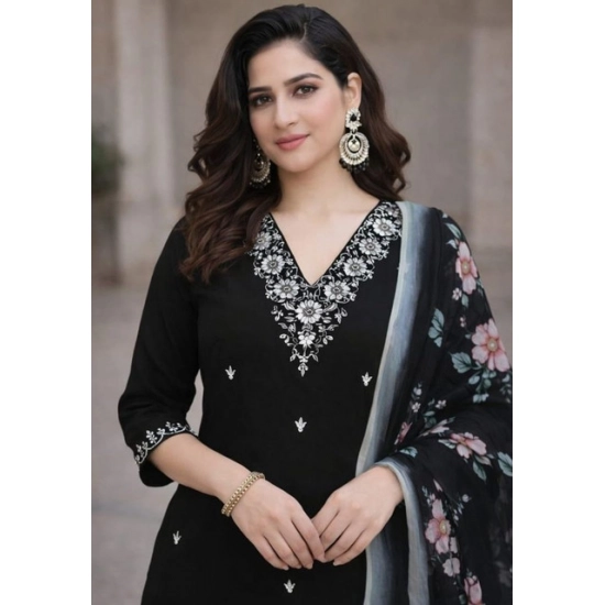 Generic Women's Chanderi Silk Ethnic Motif V-Neck 3/4th Sleeve Kurti With Pant Dupatta Set (Black) Generic Women's Chanderi Silk Ethnic Motif V-Neck 3/4th Sleeve Kurti With Pant Dupatta Set (Black)