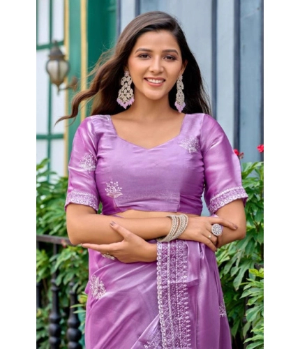 Generic Women's Faux Shimmer Floral Ready to wear Saree With Unstitched Blouse 5.5Mtr (Lavender)