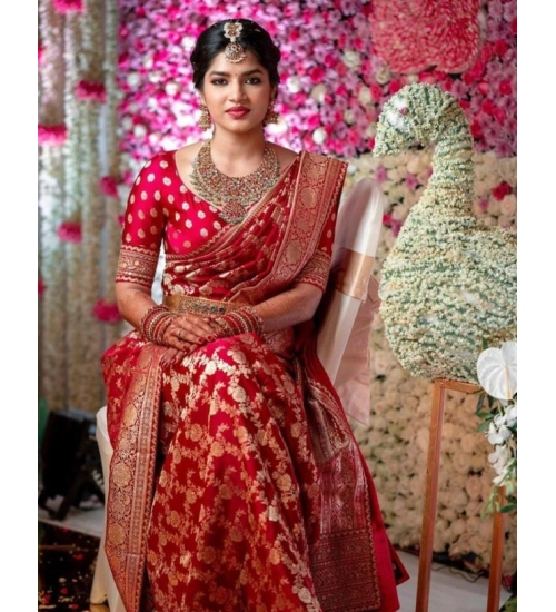 Generic Women's Litchi silk Printed Saree With Unstitched Blouse (Red)