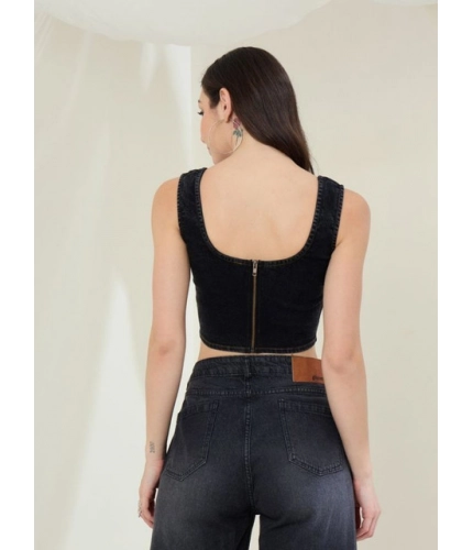 Generic Women's Denim Lycra Solid Sleeveless Top (Black)