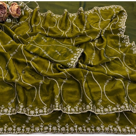 Generic Women's Slik Embellished Saree With Unstitched Blouse 5.5Mtr (Mehendi-Green)
