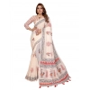 Generic Women's Linen Cotton Printed Saree With Unstitched Blouse 5.5Mtr (Off White)