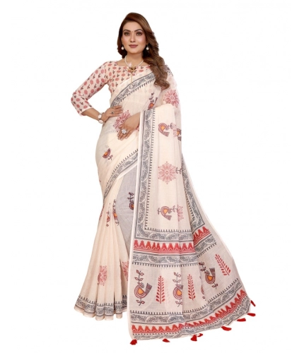 Generic Women's Linen Cotton Printed Saree With Unstitched Blouse 5.5Mtr (Off White)