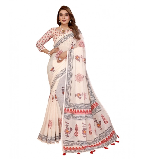 Generic Women's Linen Cotton Printed Saree With Unstitched Blouse 5.5Mtr (Off White) Generic Women's Linen Cotton Printed Saree With Unstitched Blouse 5.5Mtr (Off White)