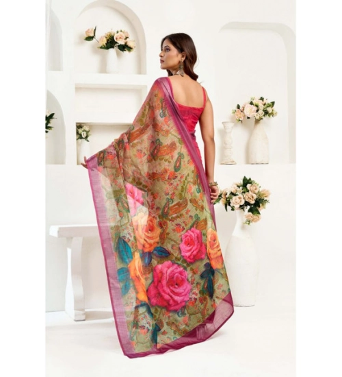 Generic Women's Linen Cotton Printed Ready To Wear Saree With Unstitched Blouse 5.5 Mtr (Pink)