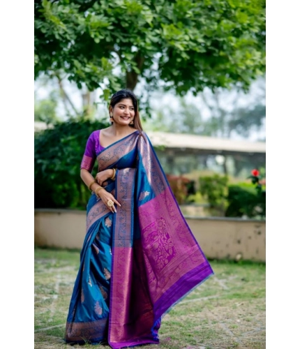 Generic Women's Katan_Silk Zari_Weaving Saree With Unstitched Blouse 5.5Mtr (Blue)