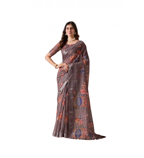 Generic Women's Faux_Linen Printed Saree With Unstitched Blouse 5.5Mtr (Light_Brown)