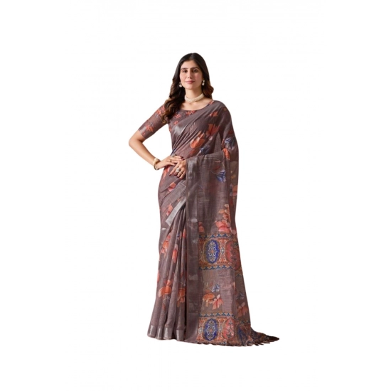 Generic Women's Faux_Linen Printed Saree With Unstitched Blouse 5.5Mtr (Light_Brown) Generic Women's Faux_Linen Printed Saree With Unstitched Blouse 5.5Mtr (Light_Brown)