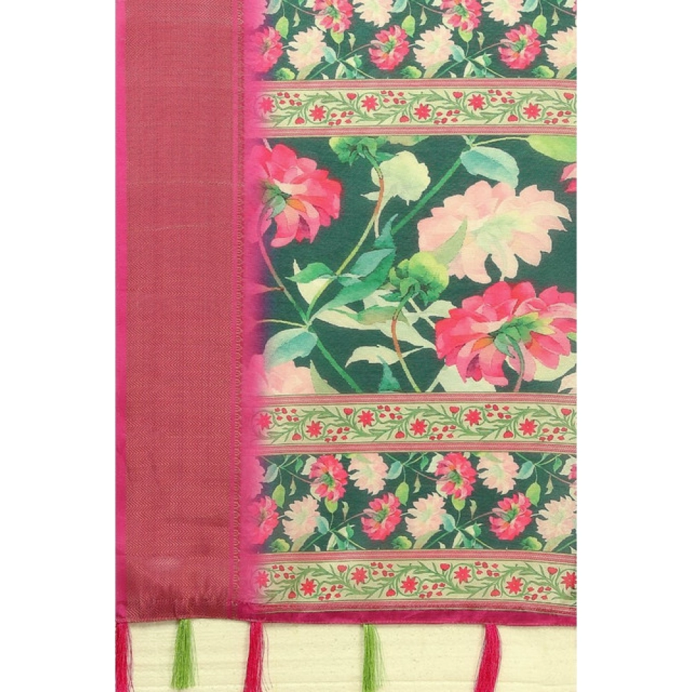 Women's Cotton Silk Floral Printed Saree With Unstitched Blouse 5.5Mtr (Green)
