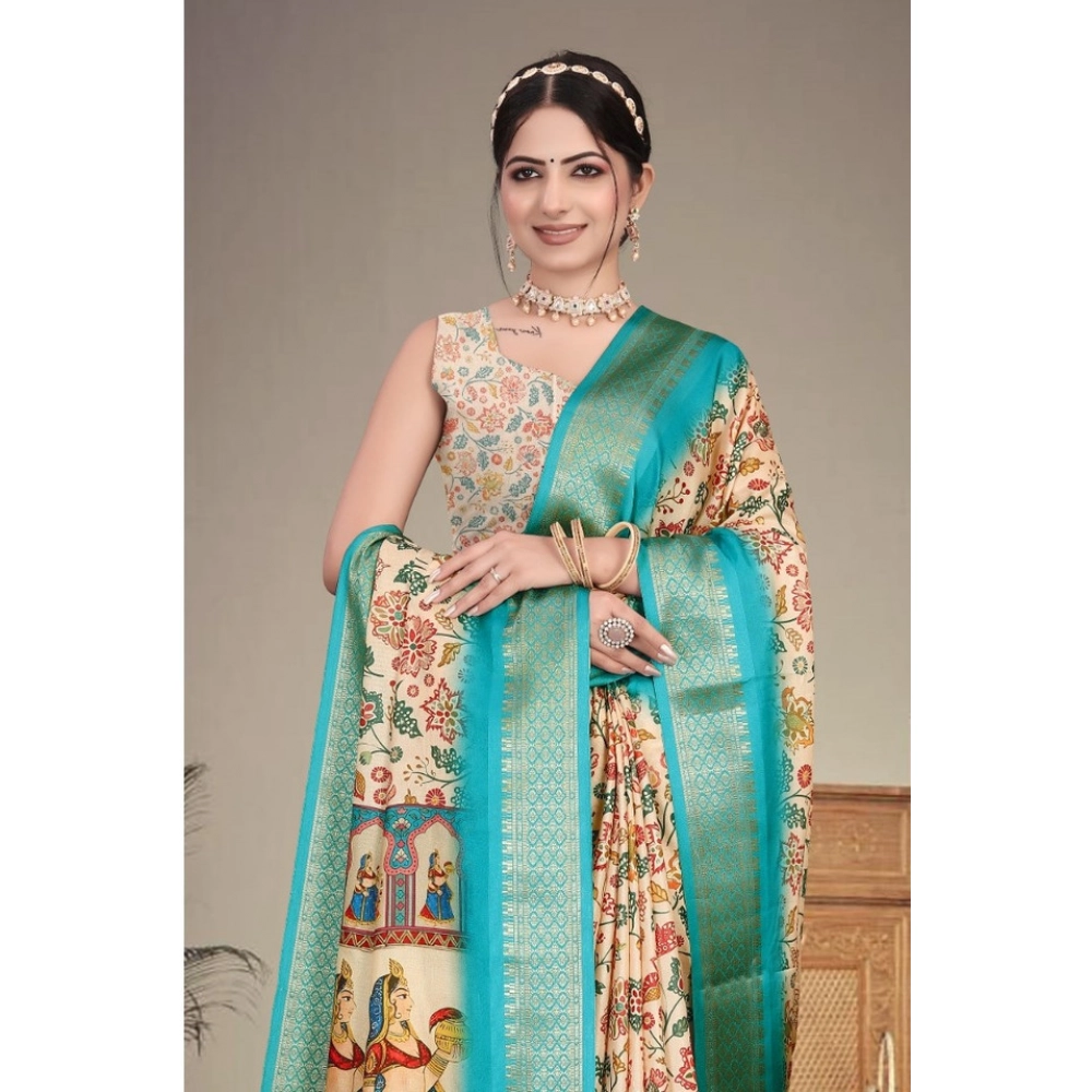 Generic Women's Cotton Silk  Printed Saree With Unstitched Blouse 5.5Mtr (Sky Blue)