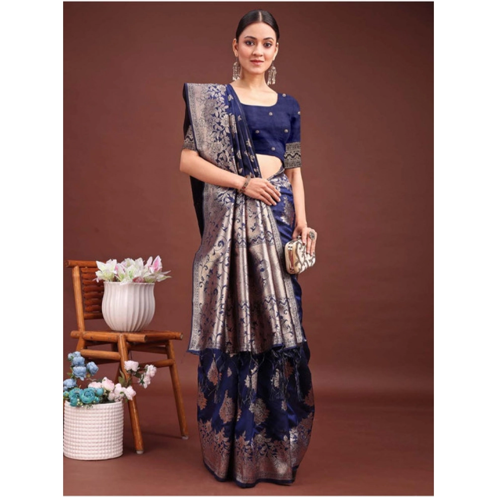 Generic Women's Banarasi Silk Printed Saree With Unstitched Blouse 5.5Mtr (Navy Blue)