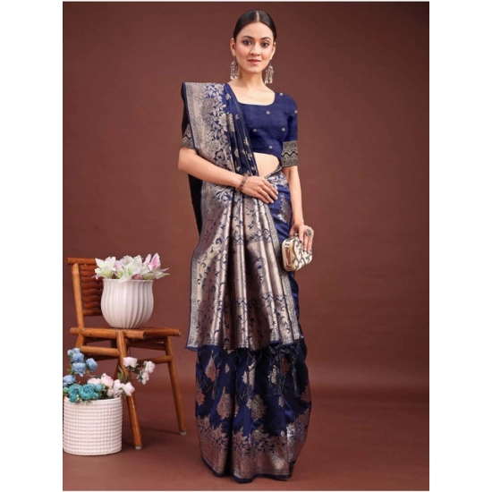 Generic Women's Banarasi Silk Printed Saree With Unstitched Blouse 5.5Mtr (Navy Blue)