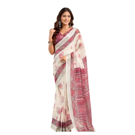 Generic Women's Linen Cotton Printed Ready To Wear Saree With Unstitched Blouse 5.5 Mtr (Off_White)