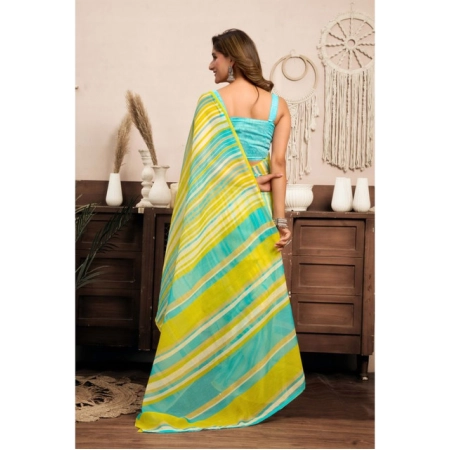 Generic Women's Linen Cotton Printed Ready To Wear With Pocket Saree With Unstitched Blouse 5.5 Mtr (Light_Aqua_Blue)