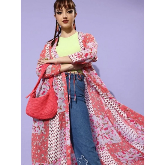 Generic Women's Polyester Floral Long Sleeves Shrug (Pink-Coral) Generic Women's Polyester Floral Long Sleeves Shrug (Pink-Coral)