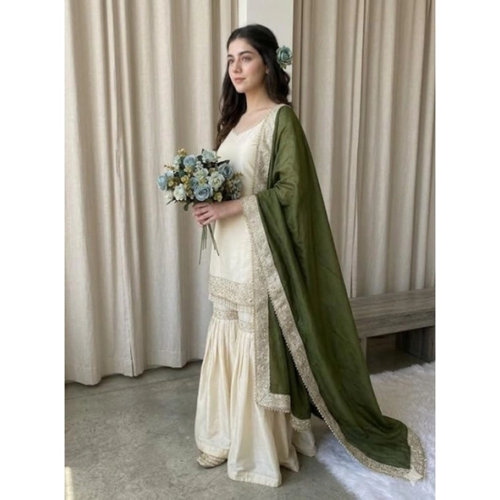 Generic Women's Silk Embroidered 3/4th Sleeve V-Neck Kurti With Sharara Pant and Dupatta Set (Cream & Green) Generic Women's Silk Embroidered 3/4th Sleeve V-Neck Kurti With Sharara Pant and Dupatta Set (Cream & Green)