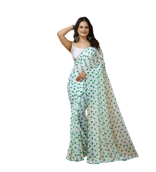 Generic Women's Georgette Printed Saree With Unstitched Blouse 5.5Mtr (White-Green)