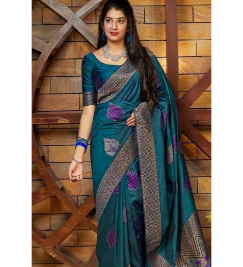 Generic Women's Litchi silk Printed Saree With Unstitched Blouse (Rama Blue)