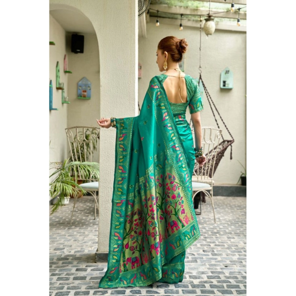 Generic Women's Silk Blend Woven Saree With Unstitched Blouse 5.5 Mtr (Green)