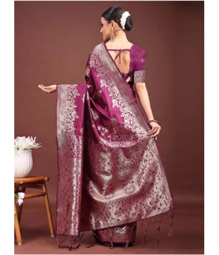 Generic Women's Banarasi Silk Printed Saree With Unstitched Blouse 5.5Mtr (Purple)