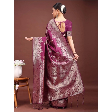 Generic Women's Banarasi Silk Printed Saree With Unstitched Blouse 5.5Mtr (Purple)